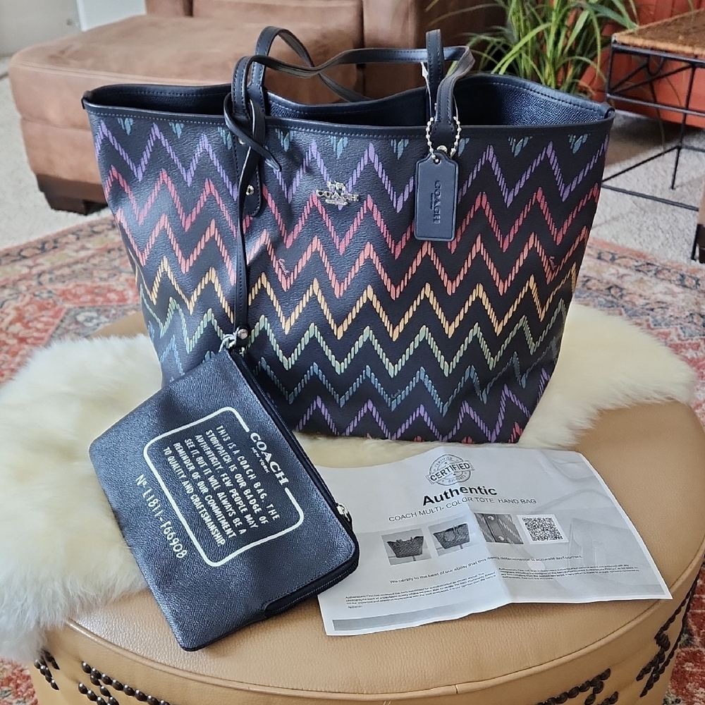 Beautiful NWT Coach Reversible Geo Chevron Multicolor Midnight City Tote 🌈💜💙
